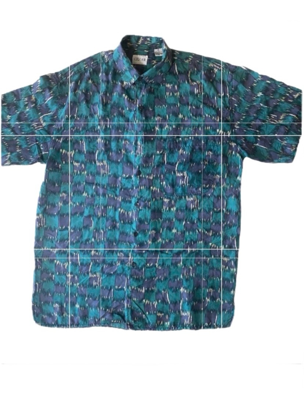 Vintage CEZAR 100% Silk Abstract Ikat
Button Down Shirt Teal Purple Retro 90’s